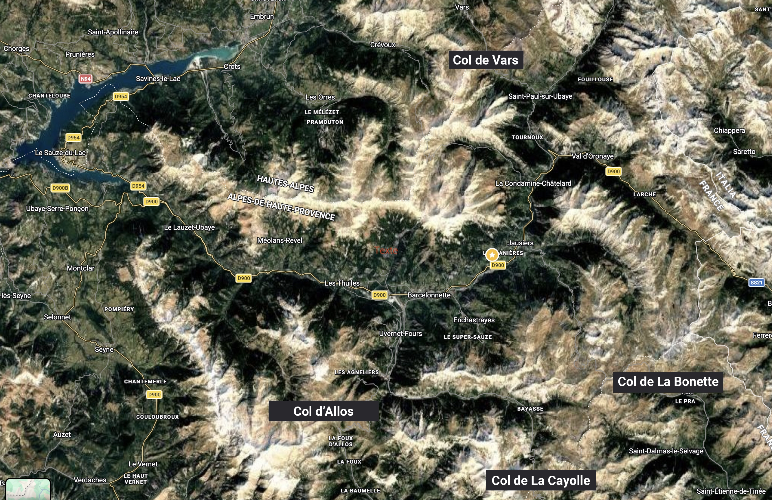 Mappa con il Col de la Bonette, il Col de la Cayolle, il Col d'Allos e il Col de Vars intorno a Barcelonnette.
